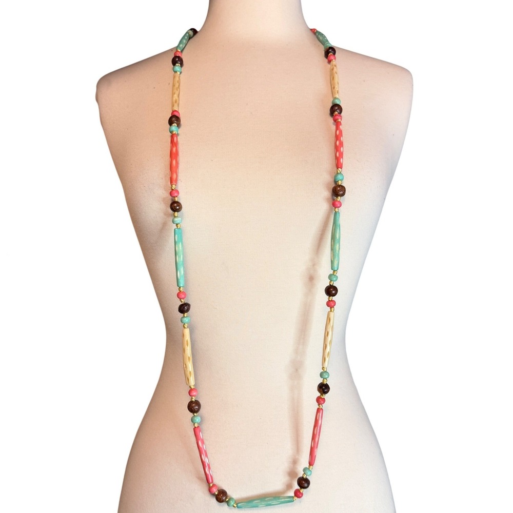 Boho Carved Resin and Wood Beaded Long Necklace Coral Turquoise Cream 50 Inch